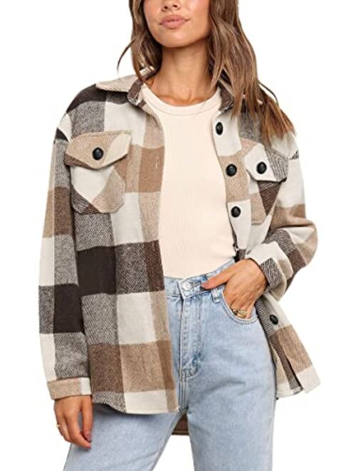 AUTOMET Womens Casual Plaid Shacket Wool Blend Button Down Long Sleeve Shirt Fall Jacket Shackets