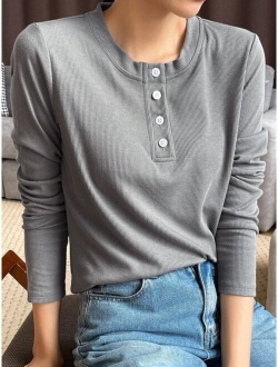 Quarter Button Rib Knit Tee