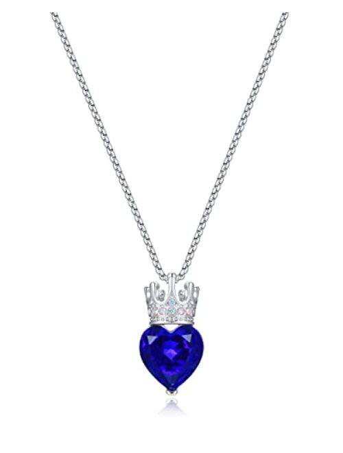 CDE Princess Queen Crown Necklace for Girls Women Love Heart Pendant Necklaces with Birthstone Crystal, Christmas Valentines Day Birthday Party Jewelry Gifts for Daughter