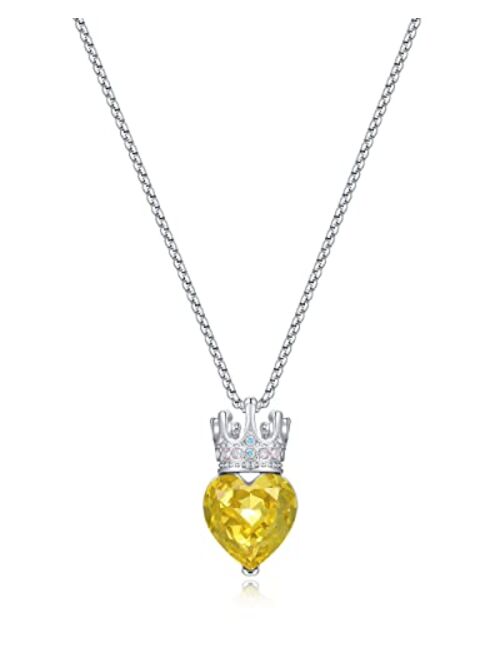 CDE Princess Queen Crown Necklace for Girls Women Love Heart Pendant Necklaces with Birthstone Crystal, Christmas Valentines Day Birthday Party Jewelry Gifts for Daughter