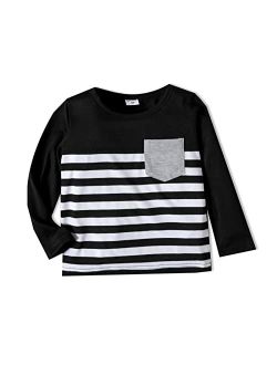 Patpat Toddler Boys Stripe Round Neck Long Sleeve T-Shirts Solid Colour Tops Tees for Boys 18 Months-6 Years