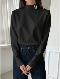 Letter Embroidery Mock Neck Tee