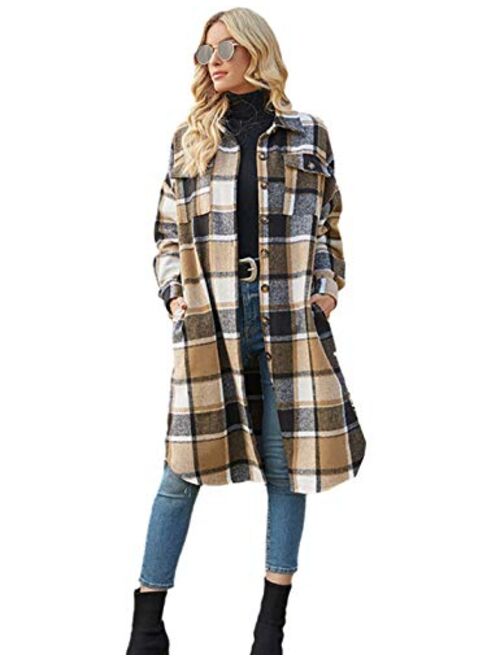 PUWEI Women's Casual Lapel Button Down Long Plaid Shirt Coat Tartan Shacket Jacket