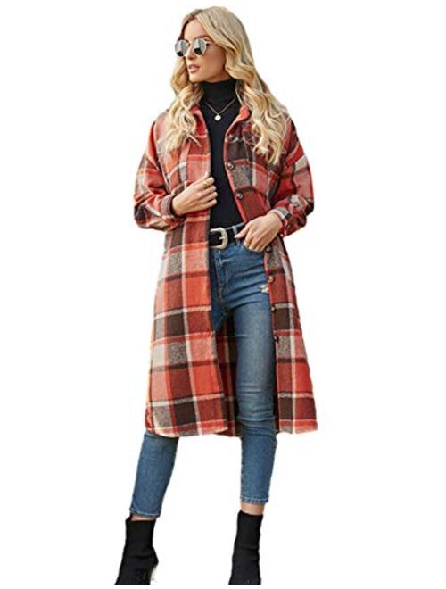 PUWEI Women's Casual Lapel Button Down Long Plaid Shirt Coat Tartan Shacket Jacket