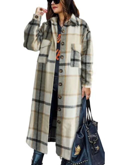 PUWEI Women's Casual Lapel Button Down Long Plaid Shirt Coat Tartan Shacket Jacket