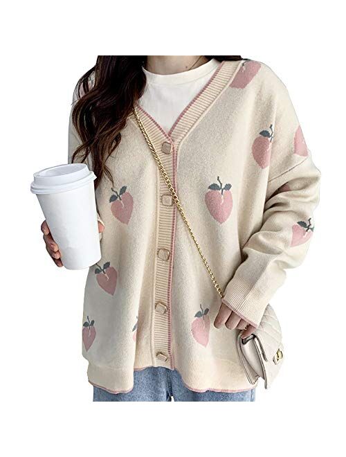 Free Valley Woman Harajuku Cardigan Peach Print Sweater Cute Loose Korean Chic Ins Winter Long Sleeve Casual Knitted