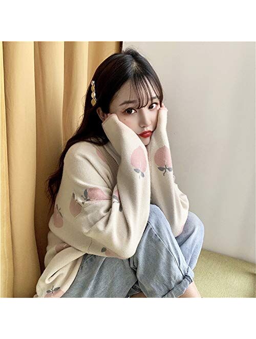 Free Valley Woman Harajuku Cardigan Peach Print Sweater Cute Loose Korean Chic Ins Winter Long Sleeve Casual Knitted