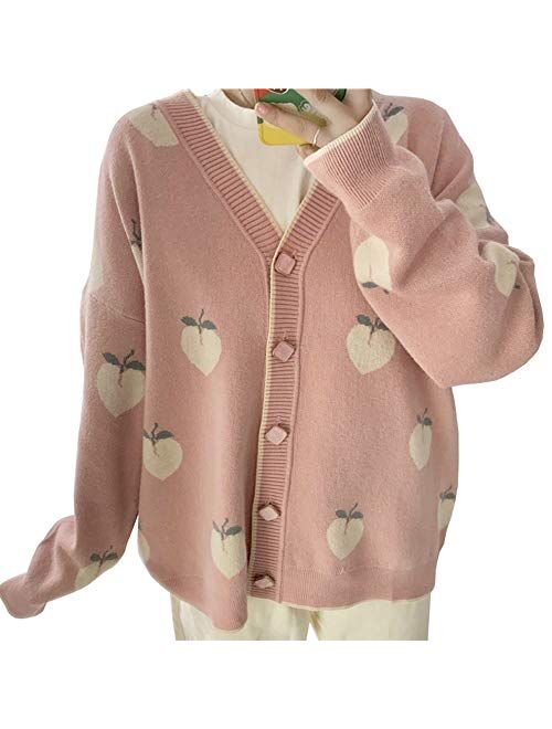 Free Valley Woman Harajuku Cardigan Peach Print Sweater Cute Loose Korean Chic Ins Winter Long Sleeve Casual Knitted