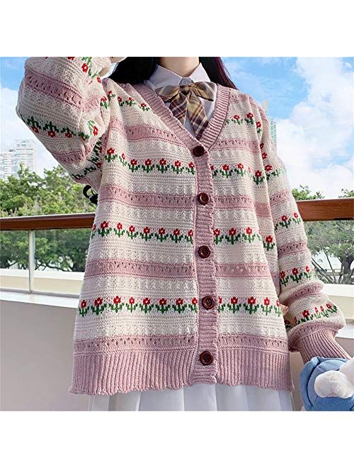 Free Valley Female Harajuku Cardigan Loose Floral Stripe Sweaters Vintage Casual Sweet Students Kawaii Cute Cardigan for Woman