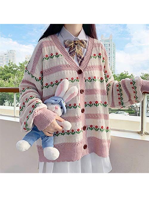 Free Valley Female Harajuku Cardigan Loose Floral Stripe Sweaters Vintage Casual Sweet Students Kawaii Cute Cardigan for Woman