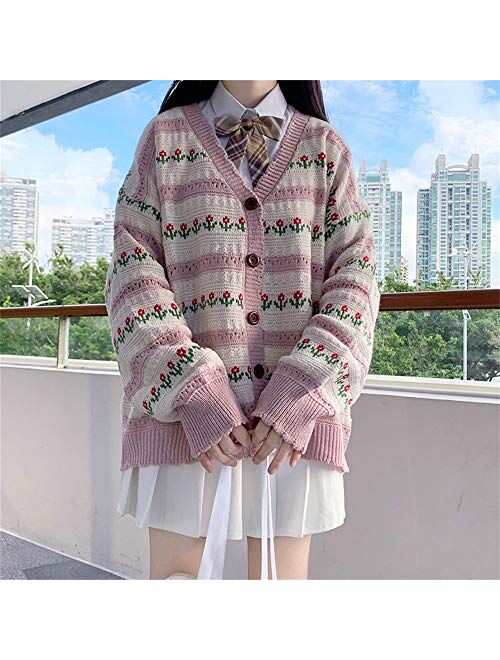 Free Valley Female Harajuku Cardigan Loose Floral Stripe Sweaters Vintage Casual Sweet Students Kawaii Cute Cardigan for Woman