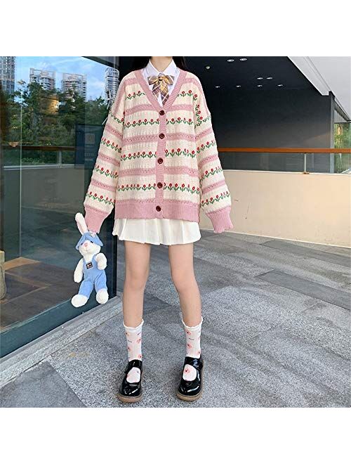 Free Valley Female Harajuku Cardigan Loose Floral Stripe Sweaters Vintage Casual Sweet Students Kawaii Cute Cardigan for Woman