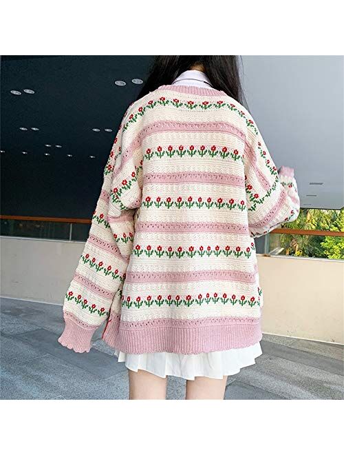 Free Valley Female Harajuku Cardigan Loose Floral Stripe Sweaters Vintage Casual Sweet Students Kawaii Cute Cardigan for Woman