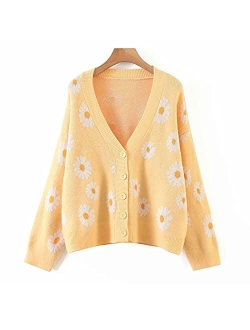 Winioder Women Y2K Floral Print Knit Cardigan Sweater Long Sleeve V Neck Button Down Sweater Vintage Aesthetic 90s Outerwear Tops