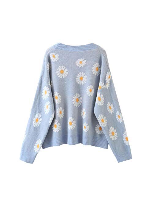 Winioder Women Y2K Floral Print Knit Cardigan Sweater Long Sleeve V Neck Button Down Sweater Vintage Aesthetic 90s Outerwear Tops