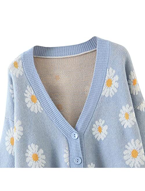 Winioder Women Y2K Floral Print Knit Cardigan Sweater Long Sleeve V Neck Button Down Sweater Vintage Aesthetic 90s Outerwear Tops