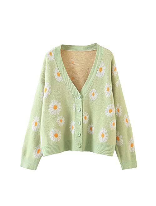 Winioder Women Y2K Floral Print Knit Cardigan Sweater Long Sleeve V Neck Button Down Sweater Vintage Aesthetic 90s Outerwear Tops