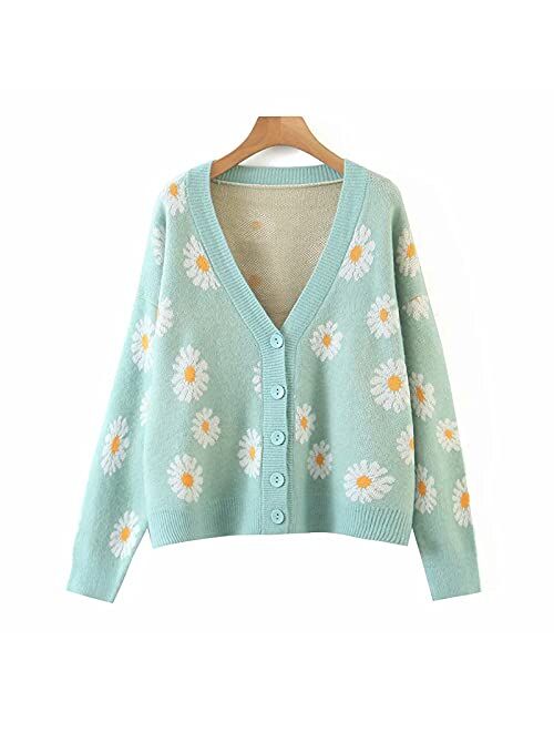 Winioder Women Y2K Floral Print Knit Cardigan Sweater Long Sleeve V Neck Button Down Sweater Vintage Aesthetic 90s Outerwear Tops