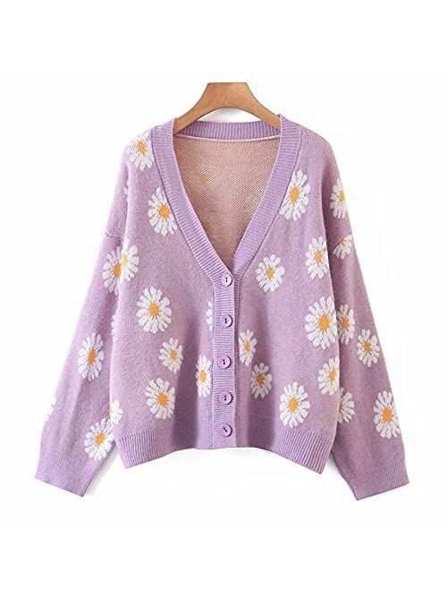 Winioder Women Y2K Floral Print Knit Cardigan Sweater Long Sleeve V Neck Button Down Sweater Vintage Aesthetic 90s Outerwear Tops