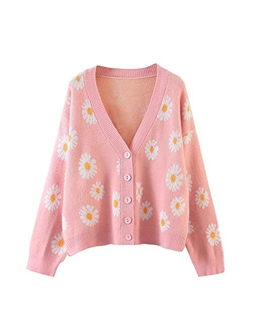 Winioder Women Y2K Floral Print Knit Cardigan Sweater Long Sleeve V Neck Button Down Sweater Vintage Aesthetic 90s Outerwear Tops