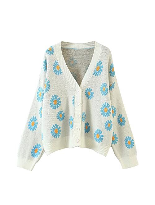 Winioder Women Y2K Floral Print Knit Cardigan Sweater Long Sleeve V Neck Button Down Sweater Vintage Aesthetic 90s Outerwear Tops