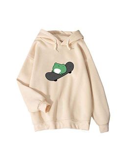 KEEVICI Women's Cute Sweatshirts Skateboarding Frog Long Sleeve Hoodie Pullover Tops