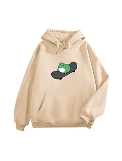 KEEVICI Women's Cute Sweatshirts Skateboarding Frog Long Sleeve Hoodie Pullover Tops