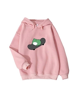 KEEVICI Women's Cute Sweatshirts Skateboarding Frog Long Sleeve Hoodie Pullover Tops