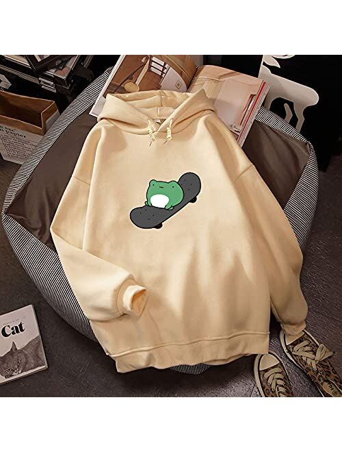 KEEVICI Women's Cute Sweatshirts Skateboarding Frog Long Sleeve Hoodie Pullover Tops