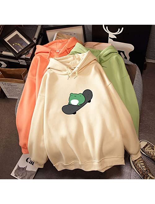 KEEVICI Women's Cute Sweatshirts Skateboarding Frog Long Sleeve Hoodie Pullover Tops