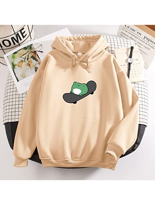 KEEVICI Women's Cute Sweatshirts Skateboarding Frog Long Sleeve Hoodie Pullover Tops