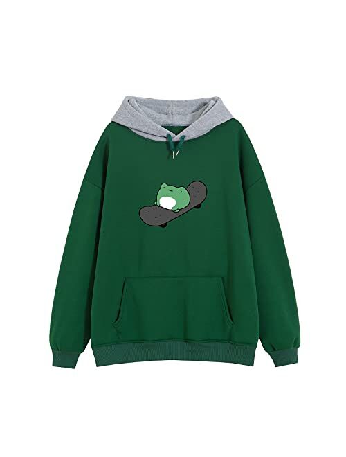 KEEVICI Women's Cute Sweatshirts Skateboarding Frog Long Sleeve Hoodie Pullover Tops