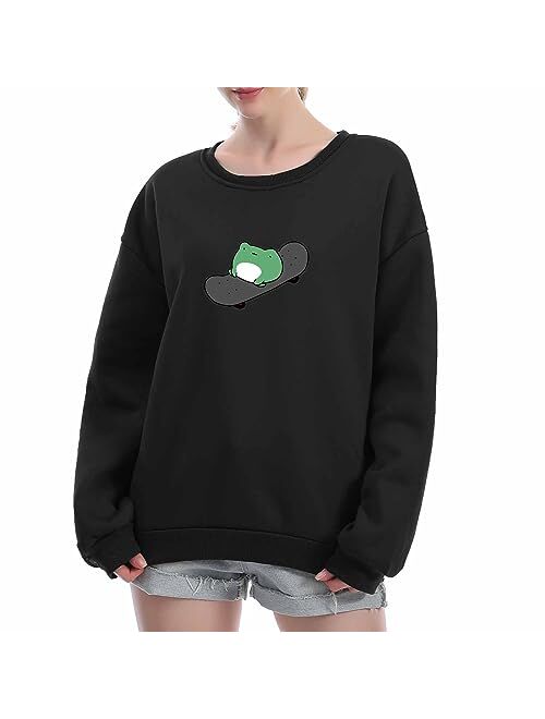 KEEVICI Women's Cute Sweatshirts Skateboarding Frog Long Sleeve Hoodie Pullover Tops