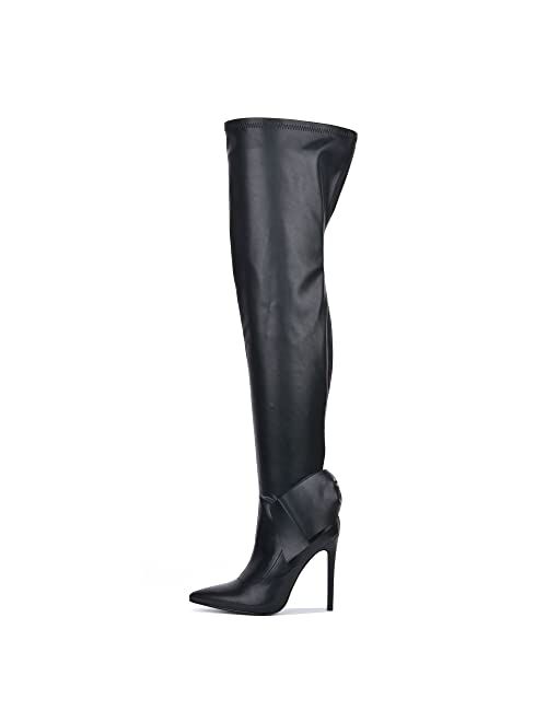 Cape Robbin Bonus Over The Knee Boots with Bow, Stiletto Pointy Toe Thigh High Fashion Dress Boots for Women