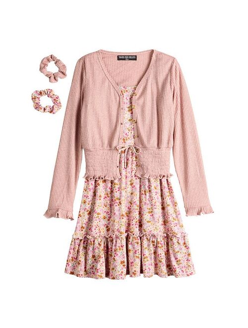 Girls 7-16 Three Pink Hearts Cardigan & Dress Set with Scrunchies