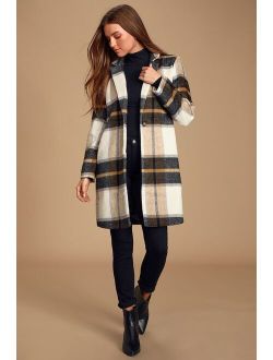 Cher Ivory Plaid Brushed Wool Coat