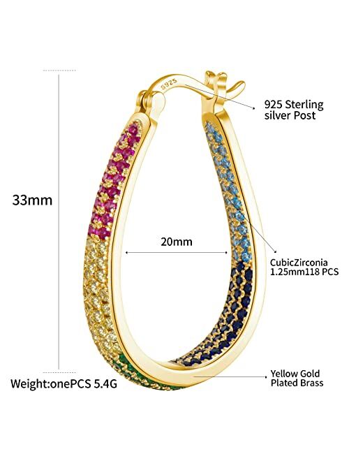 925 Sterling Silver Post Hoop Earrings for Women Gilrs Multcolors Cubic Zirconia 14K Gold Plated Oval Chunky Silver Gold Hoop Earrings weinuo Jewelry