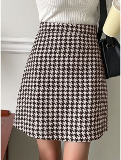 High Waist Houndstooth Print Skirt