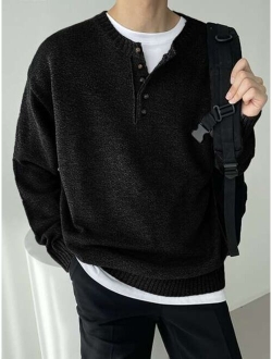 Men Button Front Drop Shoulder Sweater