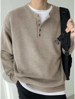 Men Button Front Drop Shoulder Sweater