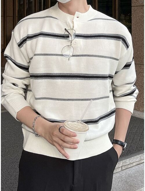 DAZY Men Striped Pattern Button Half Placket Sweater