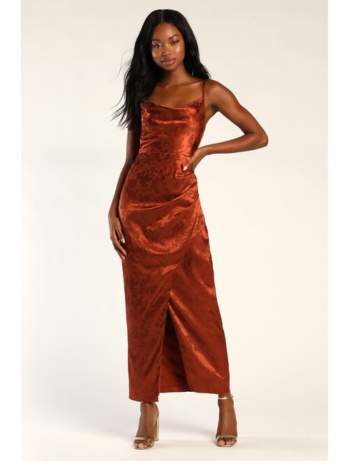 Lulus Under the Moonlight Rust Orange Satin Jacquard Maxi Dress