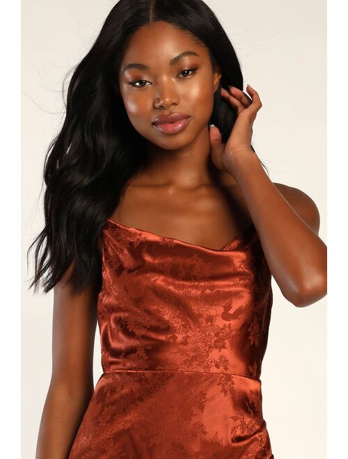 Lulus Under the Moonlight Rust Orange Satin Jacquard Maxi Dress