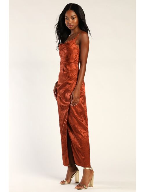 Lulus Under the Moonlight Rust Orange Satin Jacquard Maxi Dress