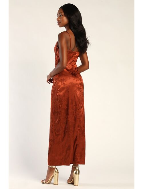 Lulus Under the Moonlight Rust Orange Satin Jacquard Maxi Dress