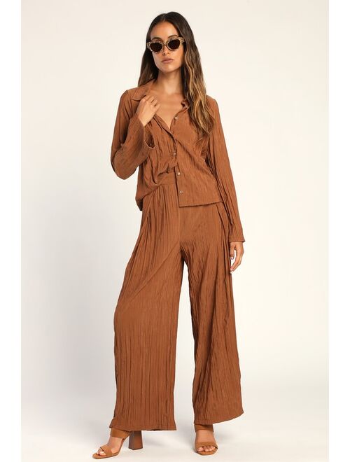 Lulus Pleat Code Brown Pleated Wide-Leg Pants