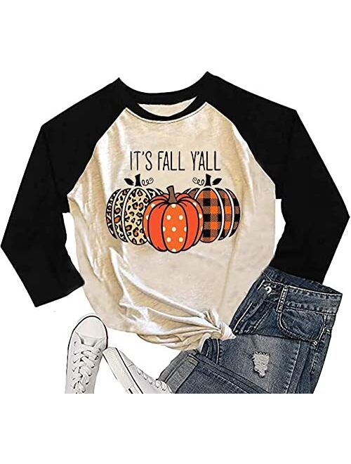 Thankful Greatful Blessed Pumpkin Thanksgiving Shirt for Women Plaid Leopard Pumpkin Tops Raglan Baseball Tshirt