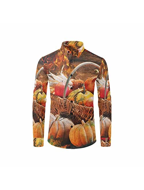 InterestPrint Thanksgiving Pumpkins with Fruits Men's Free Long Sleeve Button Down Shirt Regular-Fit Hawaiian Shirt