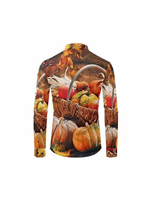 InterestPrint Thanksgiving Pumpkins with Fruits Men's Free Long Sleeve Button Down Shirt Regular-Fit Hawaiian Shirt