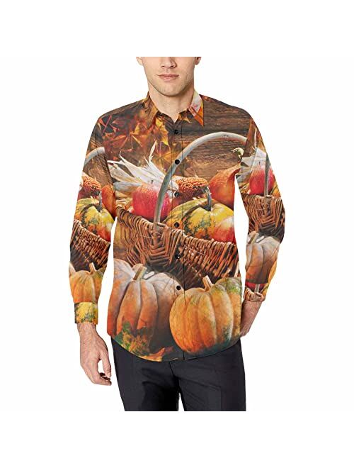 InterestPrint Thanksgiving Pumpkins with Fruits Men's Free Long Sleeve Button Down Shirt Regular-Fit Hawaiian Shirt